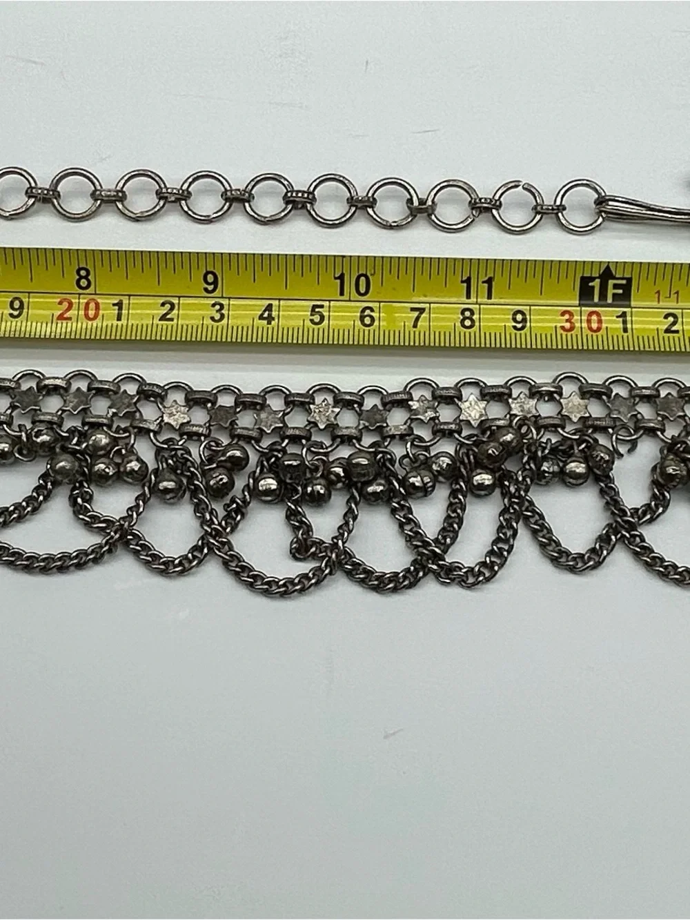 Vintage Silver Metal Body/Belly Dancer Chain adorned with Stars & Bells 37” Long